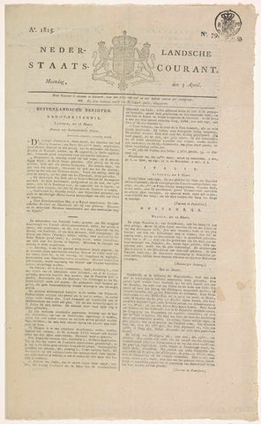 Dutch Government Gazette. Ao. 1815 No. 79. Maandag, den 3 April, Bureau der Nederlandsche Staats-Courant, 1815 Canvas Print