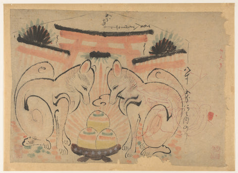 Two foxes in front of the torri of the Inari Jinja, anonymous, 1800 - 1900 Canvas Print