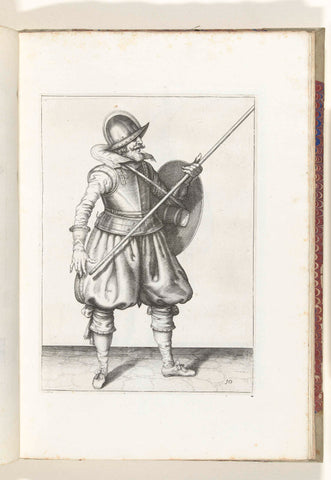 The exercise with shield and skewer: the soldier brings the skewer back into the resting position in three times, first movement (no. 10), 1618, Adam van Breen, 1616 - 1618 Canvas Print