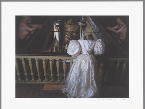 Wedding gown on the back seen on a balustrade overlooking the altar of Our Lord on Solder, on the left sits a naked man, on the right a, Tom van Heel, 2000 - 2003 Canvas Print