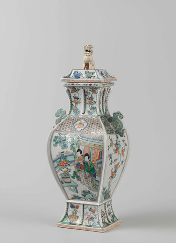 Rectangular, covered, baluster vase in the shape of a bronze vessel with two ladies on a terrace, anonymous, c. 1700 - c. 1724 Canvas Print