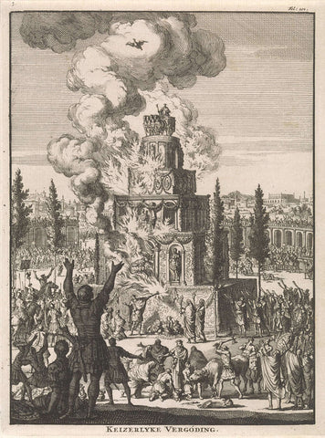 Romans around a huge pyre where an eagle rises from the flames, Jan Luyken, 1697 Canvas Print