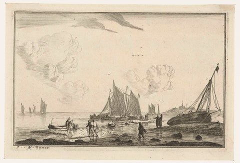 Beach with a sailing ship drawn on the sand, Reinier Nooms, 1654 - 1748 Canvas Print