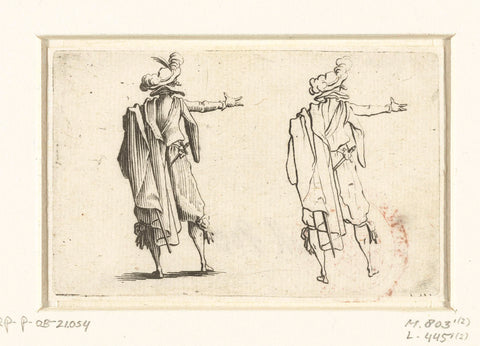 Twice the same man with cloak and sword, the right arm outstretched, seen on the back, Jacques Callot, 1621 Canvas Print