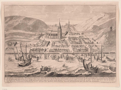 View of Scheveningen before the All Saints' Flood of 1570, anonymous, 1730 - 1736 Canvas Print