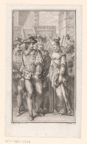 Vignette with woman surrounded by men, Jean Jacques Flipart, 1758 Canvas Print