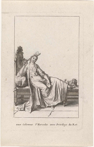 Lady with fontange, en négligé, lying on sofa., a dog at the feet, anonymous, after 1698 - c. 1700 Canvas Print