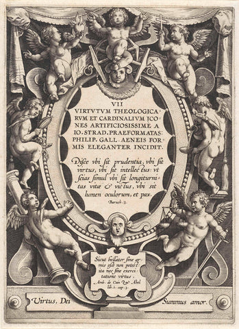 Cartouche with serial title, surrounded by putti, Hieronymus Wierix, 1563 - before 1612 Canvas Print