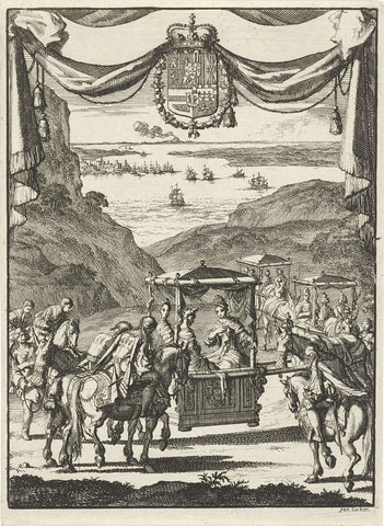 Writer Marie-Catherine d'Aulnoy in a litter greeted by five horsemen, Jan Luyken, 1696 Canvas Print