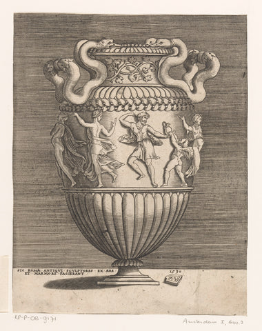 Ornamental vase with two handles with snakes and frieze of dancing figures, Agostino Veneziano, 1530 Canvas Print