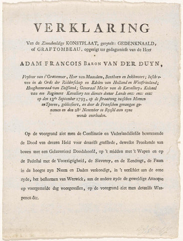 Tekstblad bij de prent met de gedenknaald voor A.F. Baron van der Duyn, 1793, Johannes Groenewoud Jansz, 1793 - 1794 Canvas Print