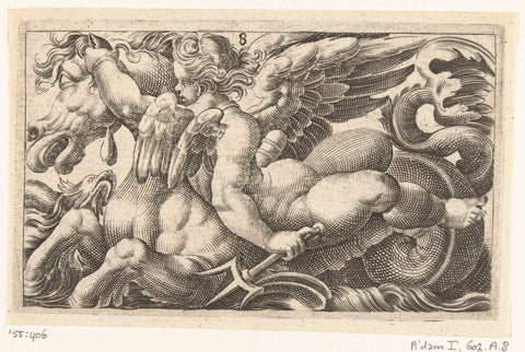 Putto with a trident, riding backwards on a seahorse, Adam Fuchs, c. 1526 - 1606 Canvas Print