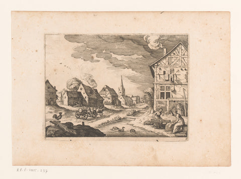 Village view with two women and a crowing, Matthäus Merian (I), 1620 Canvas Print