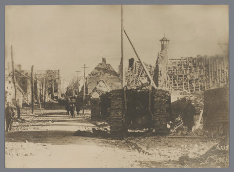 British tank in a ruined street in Fontaine-Notre-Dame, anonymous, 1917 Canvas Print