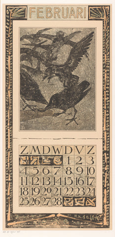 Calendar sheet February with crows in the snow, Theo van Hoytema, 1905 Canvas Print