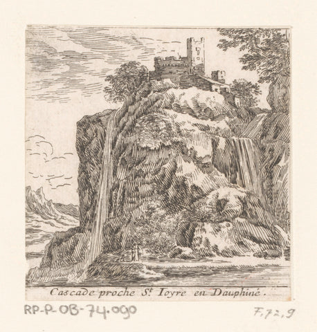 View of a waterfall with a castle at the top, Israel Silvestre, 1631 - 1661 Canvas Print