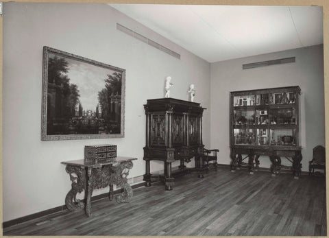 Corner of room 162 with furniture including a cupboard, a puppet show and a table, 1957 Canvas Print