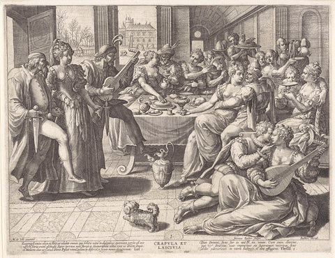 Partying company around a table, Johann Sadeler (I), 1583 Canvas Print