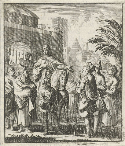 Stranger, appointed king, is led on horseback to the city gate, Jan Luyken, 1693 Canvas Print