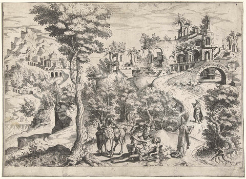 Landscape with the Good Samaritan, Joannes van Doetechum (I) (attributed to), Maarten van Heemskerck, c. 1552 Canvas Print