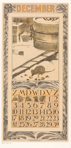 Calendar sheet December with mice in the snow, Theo van Hoytema, 1910 Canvas Print