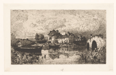 View of a village on the water with a bridge on the right and left, Jacques Barthélemy Appian (Adolphe), 1869 Canvas Print