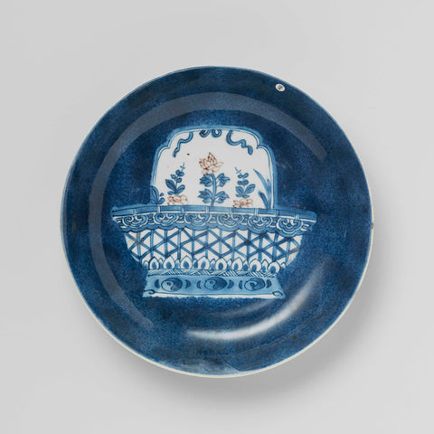 Saucer dish with powder blue and flower basket, anonymous, c. 1700 Canvas Print