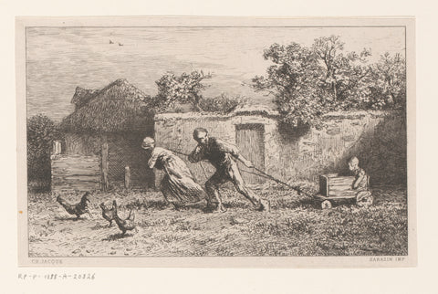 Parents pull their child in a cart in the yard, Charles Emile Jacque, 1865 Canvas Print