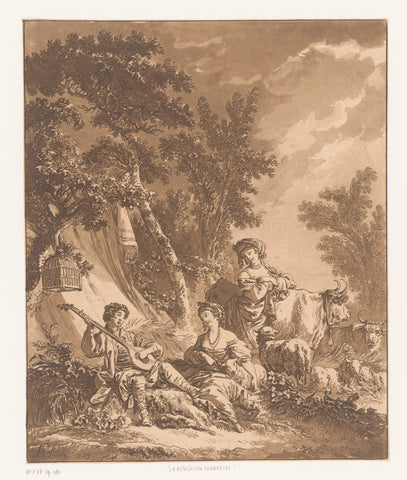 Landscape with a musician playing a shepherd and two shepherdesses, Jean Baptist Leprince, 1769 Canvas Print