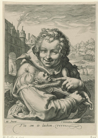 Laughing jester with a staff, Jan Saenredam, 1590 - 1600 Canvas Print