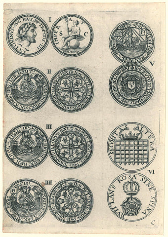 Six old English coins numbered I-VI, anonymous, 1673 Canvas Print