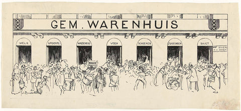 Design for illustration in De Amsterdammer: droves of people in front of the Gem. Department store (26 June 1920), Johan Braakensiek, 1920 Canvas Print