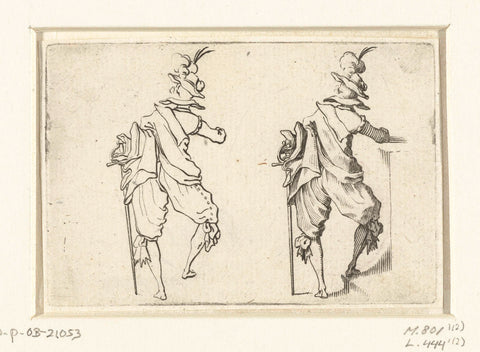 Twice the same man with cloak and sword, leaning on a wall, seen on the back, Jacques Callot, 1621 Canvas Print