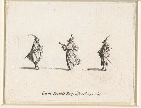 Lady, playing guitar, seen from the front, between two gentlemen, Jacques Callot, 1633 - 1635 Canvas Print