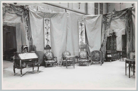 Various objects including writing desk, medallion chairs and fireplace screen, against background of sheets of paper, 1956 - 1957 Canvas Print