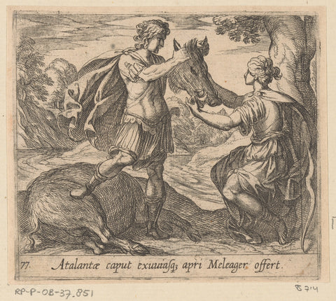 Meleager offers Atalanta the boar's cup, Antonio Tempesta, 1606 Canvas Print