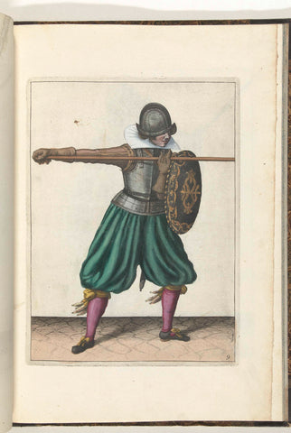 The exercise with shield and skewer: the soldier brings the skewer into position in three times, third movement with the skewer straight ahead (no. 9), 1618, Adam van Breen, 1616 - 1618 Canvas Print