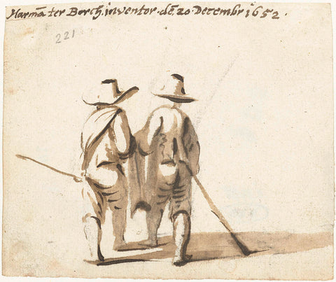 Two walking men with a stick in their hand, from behind, Harmen ter Borch, 1652 Canvas Print