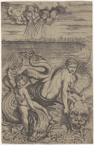 Venus and Amor carried by dolphins, anonymous, 1510 - 1577 Canvas Print