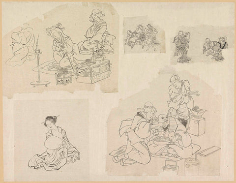 Five representations of people in different situations, Katsushika Hokusai, 1800 - 1900 Canvas Print