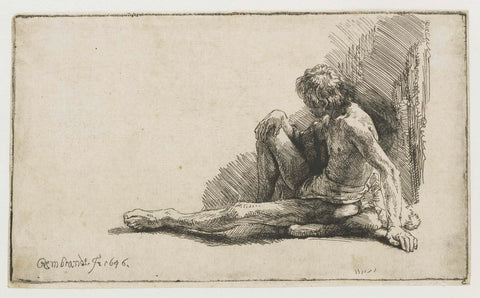 Nude man seated on the ground with one leg extended, Rembrandt van Rijn, 1646 Canvas Print