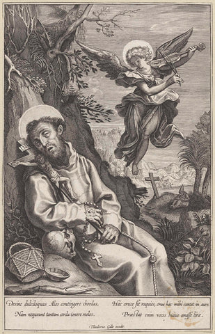 Saint Francis comforted by a musicing angel, Agostino Carracci, 1581 - 1633 Canvas Print