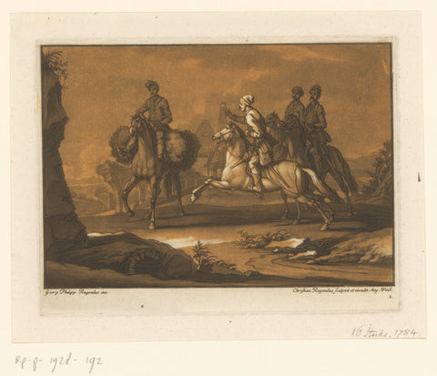 Three cavalrymen detain a traveler, Christian Rugendas, 1718 - 1781 Canvas Print