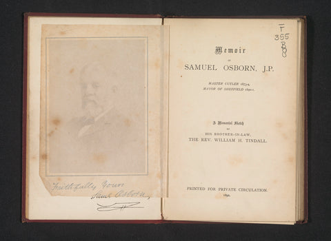 Memoir of Samuel Osborn, J.P., master cutler 1873-4, mayor of Sheffield 1890-1, William H. Tindall, 1892 Canvas Print