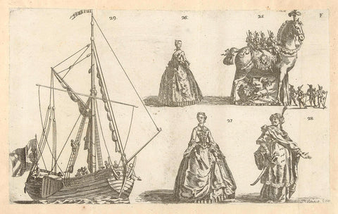 Five figures, numbered 25-29, 1749, Bernard Verschoot, 1749 Canvas Print