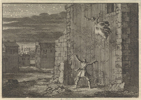 Countess of Aubigny escapes from her prison in London by jumping out of the window, 1643, Jan Luyken, 1698 Canvas Print