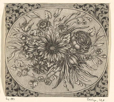 Oval with flowers in rectangle, Johann Conrad Reuttimann, 1676 - before 1724 Canvas Print