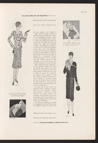 Femina, Mars 1928: 7: two standing women in dresses by Chantal and two details of dresses by Jane Régny, anonymous, 1928 Canvas Print