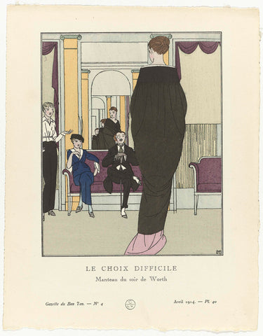 Gazette du Bon Ton, 1914 , No. 4, Pl. 40: Le choix difficile / Manteau du soir de Worth, Bernard Boutet de Monvel, 1914 Canvas Print