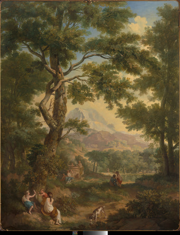 Arcadian landscape with left front children with a bird and a dog, Jurriaan Andriessen, 1771 Canvas Print